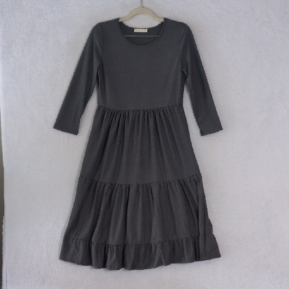 Reborn J Women's Gray Tiered Textured Long Sleeve Midi Dress Size XS